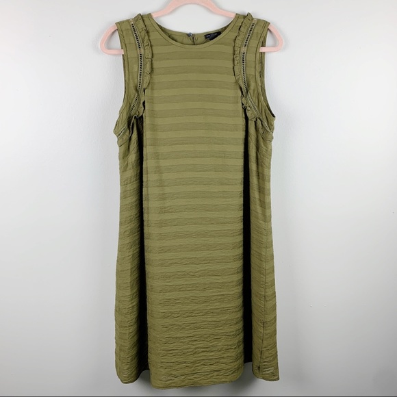 Ann Taylor Dresses & Skirts - Ann Taylor Sleeveless Striped Shift Dress Olive Green Ruffle Shoulder Detail 8